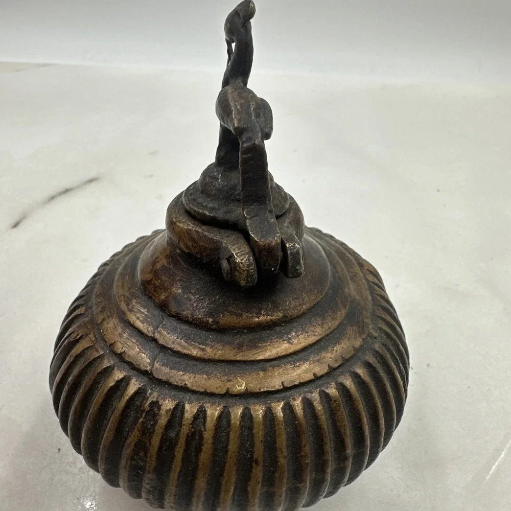 Antique Ink Well Indian Cast Bronze Mughal Footed w/ Peacock Lid & Fluted Sides